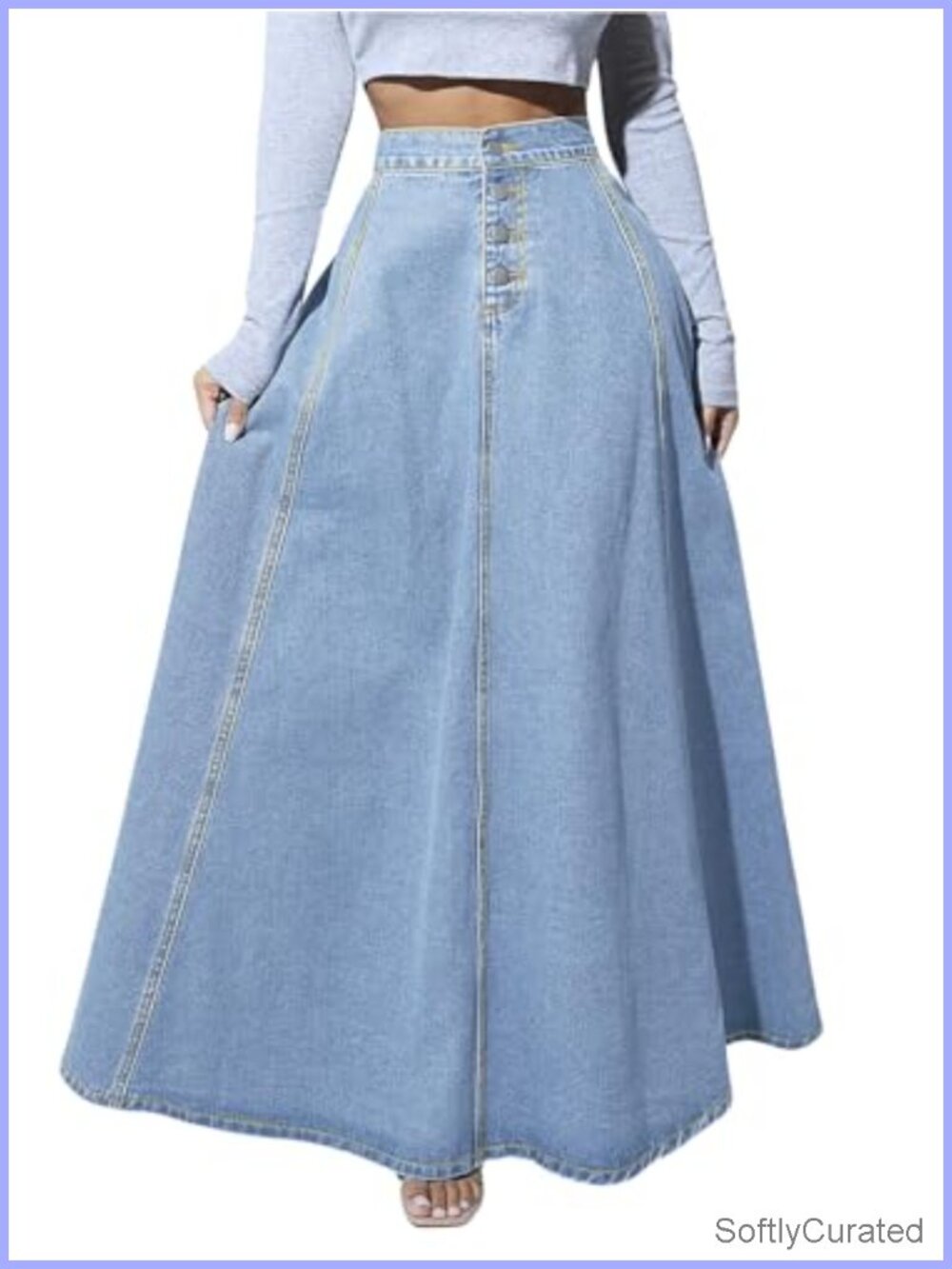 Retro High Waisted Flared Denim Maxi Skirt Pleated A-Line Swing - Picture 1 of 6